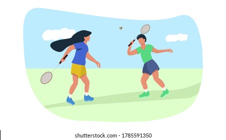 Guy and girl playing badminton in nature, athletes training outdoors, resting on a weekend, vector illustration in flat style