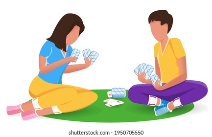 The guy and the girl are playing cards. The concept of entertainment, relaxation, partying. Spending time together. Quarantine at home, in the family. Colorful flat style. Cartoon drawing. Vector. 