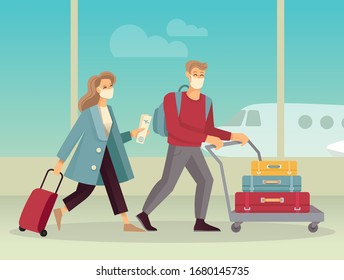 Guy And Girl In Protective Medical Masks With Luggage And Plane Tickets Passes Through The Airport. Flat Vector Image