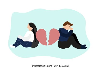 El tipo y la chica discutían y estaban sufriendo. Romper. Destruir la ilustración vectorial de relación. símbolo del corazón roto