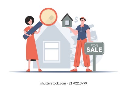 Guy and girl realtors. Real estate purchase concept. Good for posters, banners and presentations. Flat style. Vector.