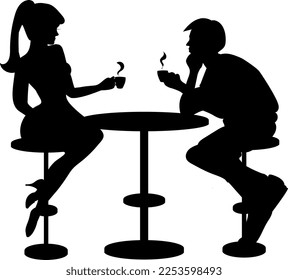 A guy and a girl are relaxing in a coffee shop. They drink strong, aromatic coffee. Silhouette.