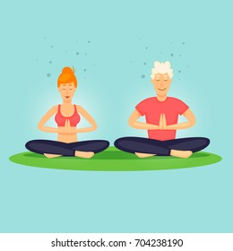 Guy and the girl are relaxing. Yoga, sports. Flat design vector illustration.