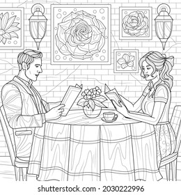 Guy and girl in a restaurant.Coloring book antistress for children and adults. Illustration isolated on white background.Zen-tangle style. Hand draw