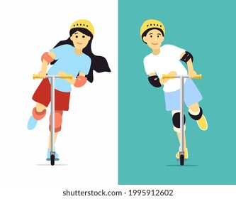 Guy and girl ride an electric scooter and enjoy life. Brother and sister spend time in sports. Warm picture of family happiness. Illustration of healthy lifestyle outside home. Boy and girls in gear.