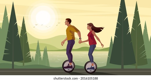 A guy and a girl ride mono-wheels along the country park road. Vector illustration.