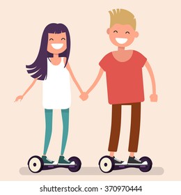 guy and girl ride a Segway, an electric scooter Vector illustration of a flat design