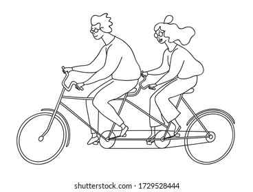 Un hombre y una chica montan juntos una bicicleta tándem.