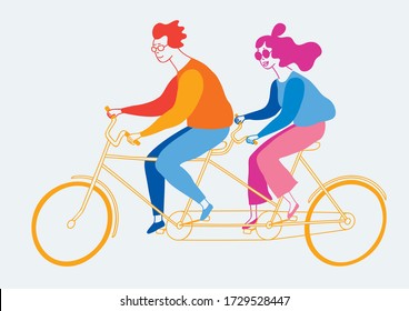 A guy and a girl ride a tandem bike together. Color image.