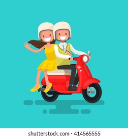 Guy with a girl riding on a motorcycle. Vector illustration