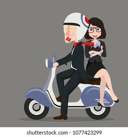 Guy with a girl riding on a  scooter