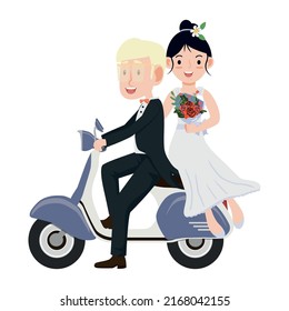 Guy with a girl riding on a  scooter wedding
