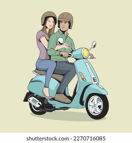 Guy   the girl are riding the scooter