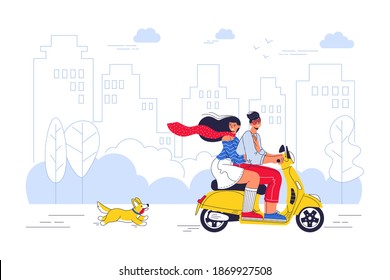 Guy and the girl are riding a scooter and a corgi dog runs after them with city background. Young couple travel on a motorcycle. Journey, travel concept. Cartoon character. Flat vector illustration.