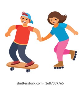 guy and girl roller skate and skateboard together, fun, date, isolated object on white background, vector illustration, eps