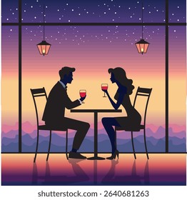 A guy and a girl at a romantic meeting in a cafe at a table with glasses of wine at night with a beautiful mysterious background, stars, lanterns.
