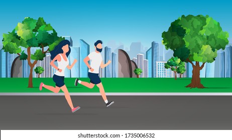 A guy and a girl are running around the park. Morning run. The concept of sport and healthy lifestyle. Vector.