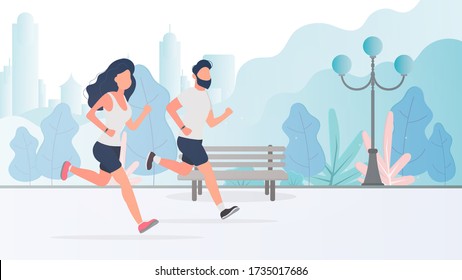 A guy and a girl are running around the park. Morning run. The concept of sport and healthy lifestyle. Vector.