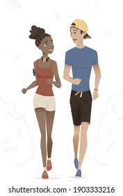 Guy and a girl running in the park in sportwear 