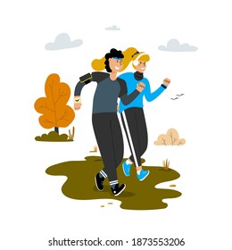 A guy and a girl are running in the park together. Active lifestyle. Running together. Sports in the autumn. Vector flat illustration. 