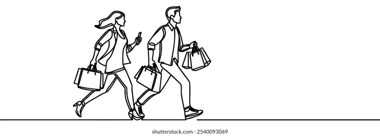 guy and girl running shopping Continuous one line drawing