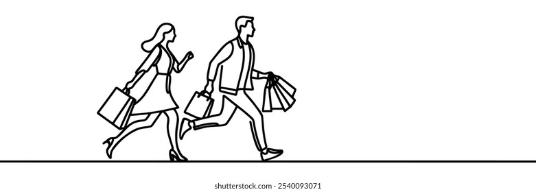 guy and girl running shopping Continuous one line drawing