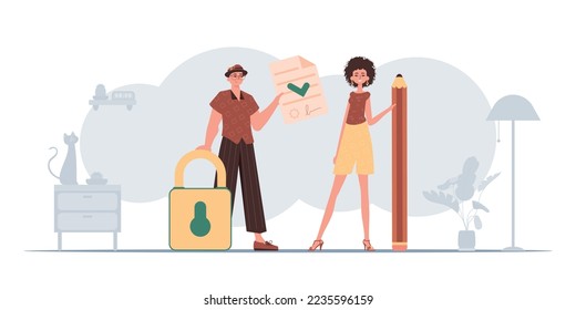 The guy and the girl sign a contract. The concept of signing and protecting data. Smart contract. Modern style character.