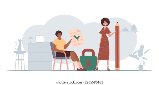 The guy and the girl sign a contract. The concept of signing a smart contract. Data protection. Modern style character.