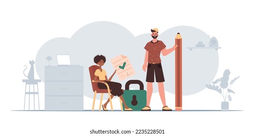 The guy and the girl sign the document. The concept of signing a smart contract. Data protection. Trend style character.