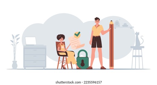 The guy and the girl sign the document. The concept of signing and protecting data. Smart contract. Trend style character.