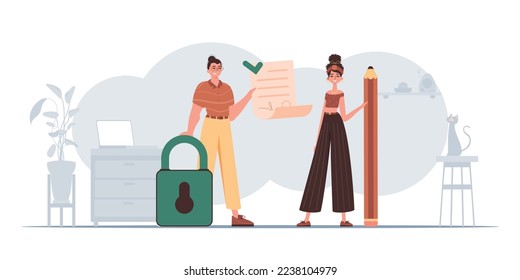 The guy and the girl sign the document. The concept of signing a smart contract. Data protection.