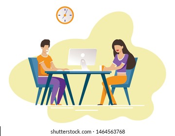 Guy and Girl Sit at Table. Man Typing Keyboard and Searching Friends or Soul Mate on Computer. Woman Drinking Takeaway Coffee. Online Dating, Social Networking. Flat Cartoon Vector Illustration