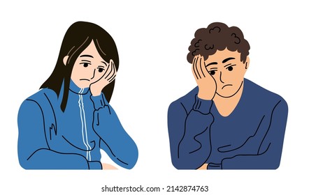 Guy and girl sit with their heads propped up on their hands. Sad people. Set of vector illustrations.