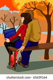 The guy and the girl sitting on a bench in park, the girl with the laptop