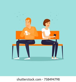 Guy and girl are sitting on the bench with phones on the Internet. Flat design vector illustration.