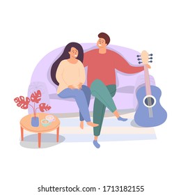 A guy and a girl are sitting on the couch. A guy wants to play guitar for a girl. Option what to do at home. Home entertainment. Hobby for the soul. Vector illustration.