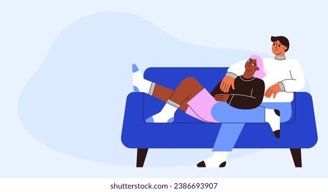 Guy and girl sitting on sofa vector flat illustration. Young couple of people relaxing at home