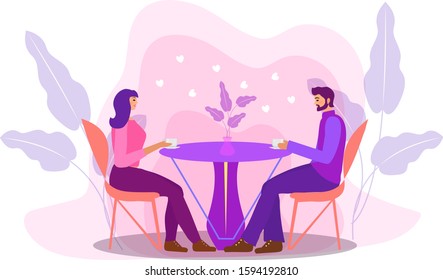 A guy and a girl are sitting at a table in a cafe drinking coffee. Woman and man in a restaurant, first date, dating, love. Flat modern illustration. Vector