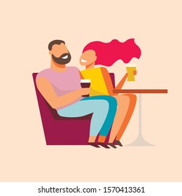 The guy and the girl are sitting at the table and drinking beer. Catering business. Restaurant visitors. Easy conversation