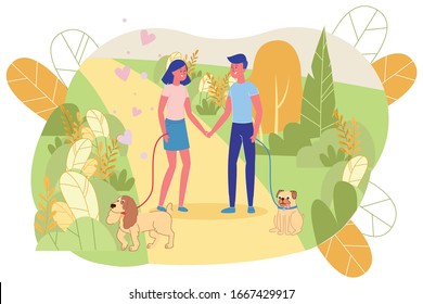 Guy and Girl are Smiling and Walking in Park with Dogs. Young People Hold Hands and Look in Love at Each Other, Walking through Park among Trees and Plants. Dogs have Fun Walking on Grass.