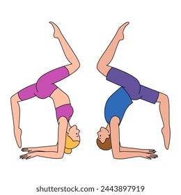A guy and a girl in sportswear are doing yoga. Concept of sport, physical and spiritual practice. They stand in a balanced position. Vector illustration isolated on white background in flat style.