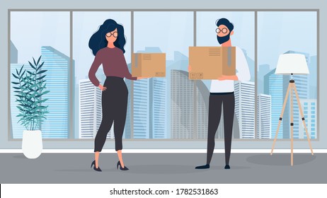 A guy and a girl stand in an empty room and hold paper boxes. The concept of relocating, changing housing, buying an apartment or moving an office. Vector.