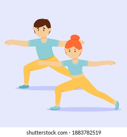 A guy and a girl stand in the hero's pose. Yoga class. Steam yoga. A healthy way of life. Vector illustration.