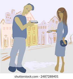 
A guy and a girl are standing with phones against the background of houses.