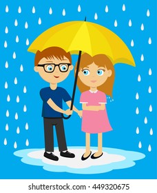 The guy with the girl standing under a yellow umbrella. Pouring rain, the woman managed to get wet a little bit, from the tips of her hair dripping drops, standing in a puddle.