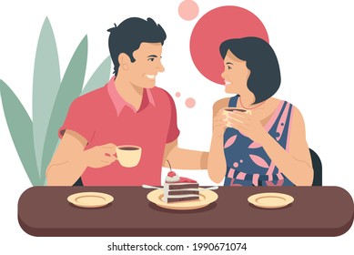 a guy and a girl in a street cafe. Vector illustration.