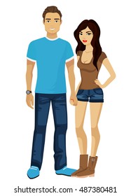 Guy and girl students in modern simple casual clothes isolated