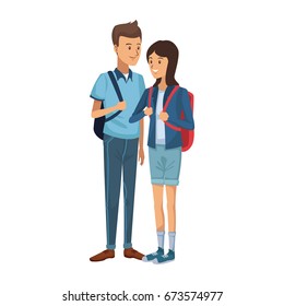guy and girl students standing with backpack character