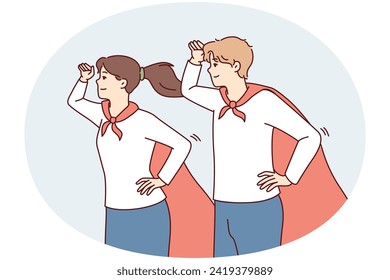 Guy and girl in superhero capes look into distance with their hands to their foreheads. Young man and woman in superhero uniforms for charity or volunteer organizations metaphor. Flat vector image