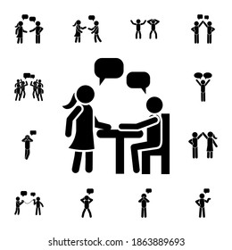 Guy, girl, table, talk flat vector icon in People talk pack